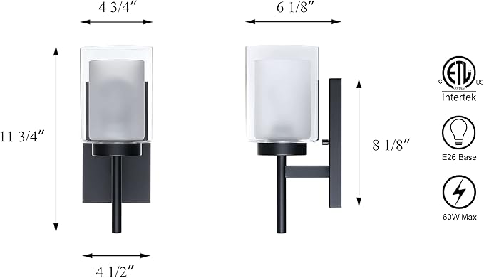 XiNBEi Lighting Wall Light, Classic Indoor 1 Light Black Vanity Sconce Light with Dual Glass Shade for Bathroom Kitchen & Living Room XB-W1276-1-MB