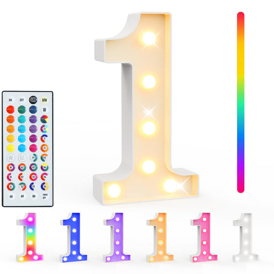 Pooqla Colorful Light Up Numbers, 35 Colors LED Marquee Number Lights for 1st Birthday Decorations with Remote, RGB Lighted Numbers Gift for Girls Boys for Party, Night Light, Room Decor, Number 1