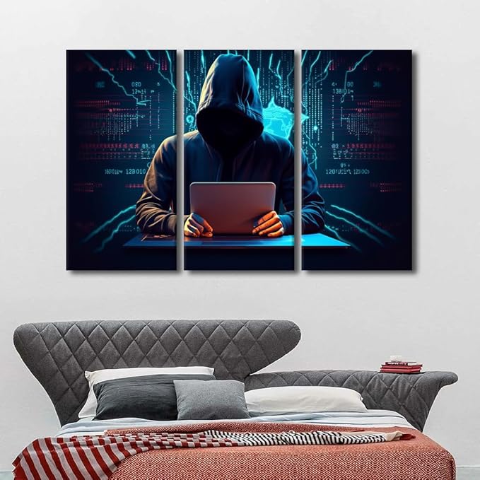 TUMOVO 3 Pieces Canvas Wall Art Canvas Print Hacker Malware Modern Home Decor Big Data Painting Hacker Artwork Stretched and Framed Ready to Hang Posters and Prints, 60" Wx40 H