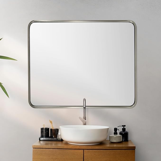 ANDY STAR 40x36 Inch Brushed Nickel Bathroom Mirror, Rounded Rectangle Bathroom Vanity Mirrors for Wall, Anti-Rust SUS304, Seamless Tube Metal Frame, 1’’ Deep Wall Mounted Vertically/Horizontal