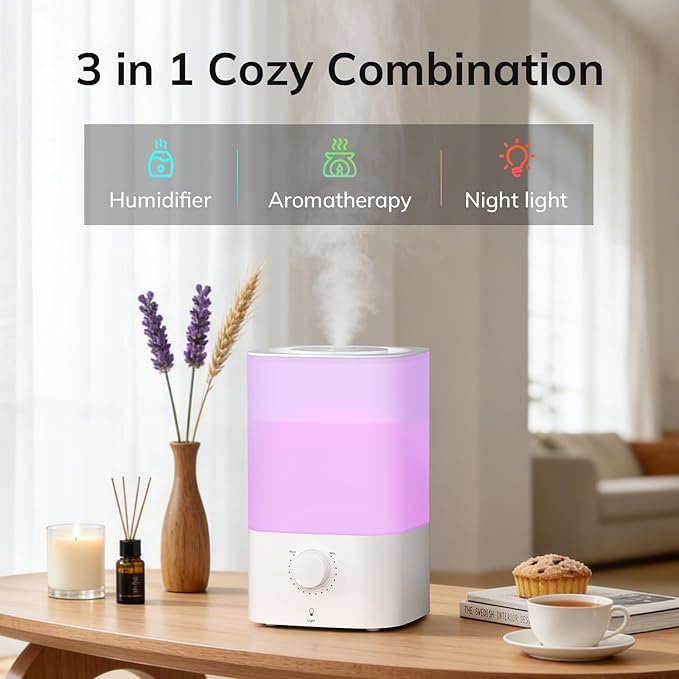 ZAFRO 3.2L Cool Mist Humidifier for Bedroom, 7 Color LED Night Light, Top Fill Design & Multiple Mist Levels, 24 dB Quiet Ultrasonic Comfort Humidifiers, White, Konb Control