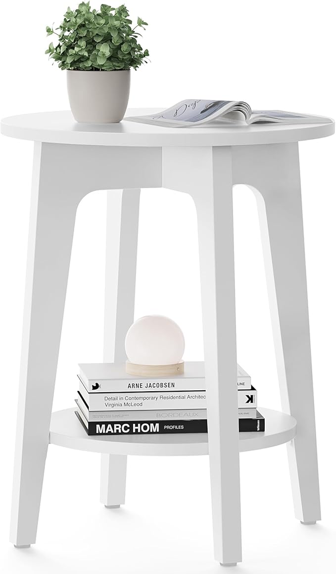 VASAGLE MAEZO Collection - Side Table, 2-Tier Small Round End Table, Nightstand with Tapered Legs, Curved Transitions, for Small Spaces, Living Room, Bedroom, Cloud White ULET283T14