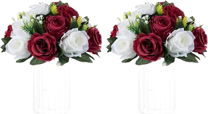 NUPTIO Flower Wedding Centrepieces for Tables - 2 Pcs 9.5in Diameter Burgundy & White Artificial Flowers Rose Ball for Centerpieces Table - Fake Rose Arrangements for Weddings Birthday Party Decor