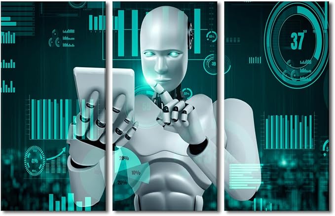 3 Panels Big Data Analysis Wall Art - AI Intelligence Pictures Canvas Print Robot Canvas Painting Framed Art Prints Home Office Wall Decor Giclee Gallery-wrapped Ready to Hang, 60" Wx40 H