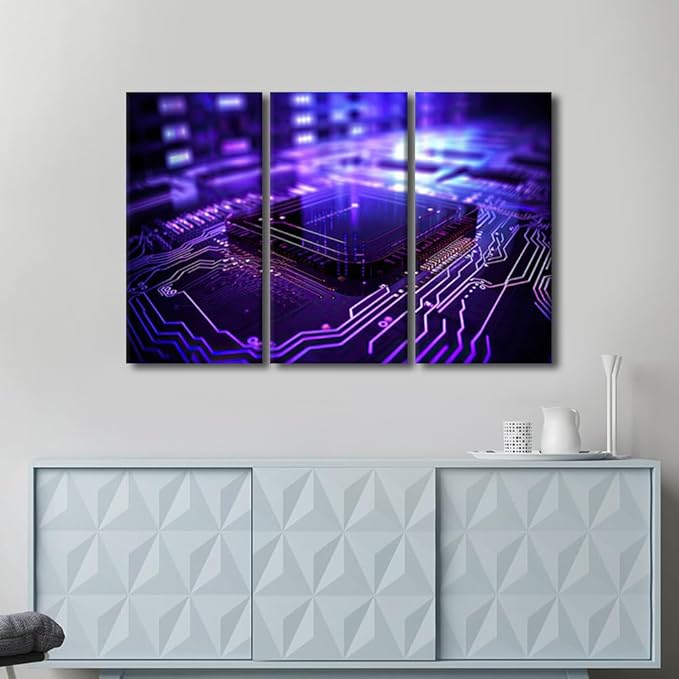 Wall Pictures for Living Room Décor Semiconductor Chip Prints 3 Pieces Wall Art Circuit Board Framed Wall Art on Canvas Chip Artwork Gallery-Wrapped Posters Prints Framed Ready to Hang, 42" Wx28 H