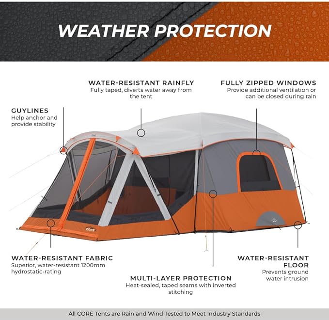 CORE Tent for Family Camping | 10 Person / 11 Person / 12 Person Large Multi Room Cabin Tents for Car Camping & Outdoor Adventures