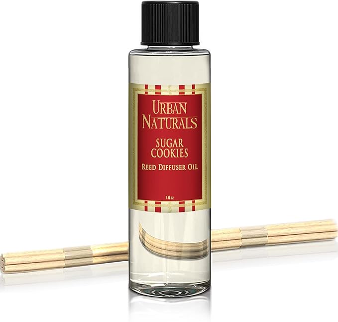 Urban Naturals Sugar Cookies Oil Reed Diffuser Refill with Free Set of Reed Sticks – Freshly-Baked, Buttery Cookie with Ginger Vanilla Frosting | Great Kitchen Scent | Made in the USA Vegan, 4 oz