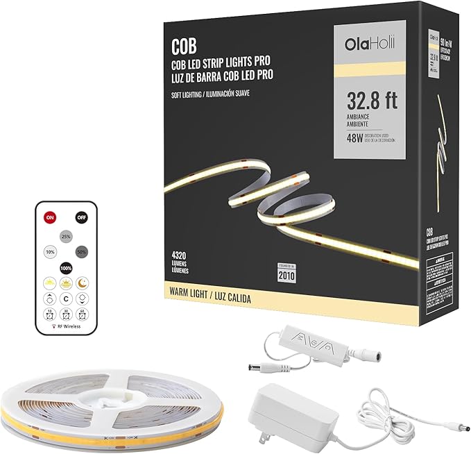 32.8ft COB Led Strip Light with Remote, 3000K Dimmable Bright Warm White Led COB Strip Light, White Continuous Led Strip Light for Mirror, Stair, Cabinet, Room