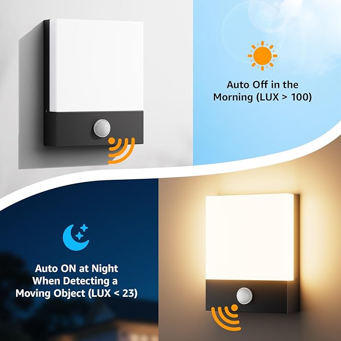 Aoceeley Modern Outdoor Led Wall Light with Motion Sensor,24W 3000K Porch & Patio Light,Exterior Hardwired Wall Light Fixtures,IP65 Waterproof Square Wall Lamp for Garage, Front Door(Black,2-Pack)