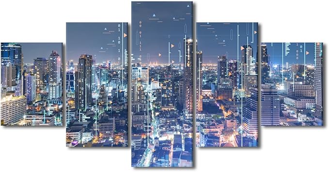 5 Panel Sense of Technology Poster Native Americans Home Wall Decoration Big Data Worker Bedroom Canvas Decorate Modern City Landscape Picture Printing Frame and Stretched Ready to Hang 60x32 Inch