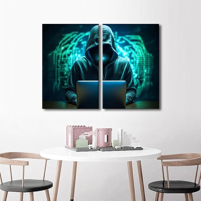 TUMOVO 3 Pieces Hacker Malware Canvas Wall Art Minimalism Prints AI Big Data Wall Decor Home Picture for Bedroom Living Room Elderly Paintings Posters Framed Ready to Hang, 24" Wx16 H