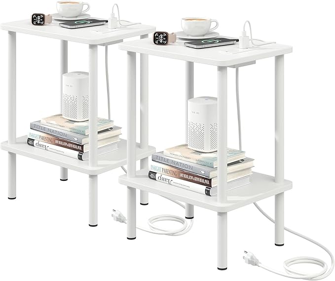 Apicizon 2 Tier End Table Set of 2, Small Side Table with Charging Station, Boho Bedside Table with USB Ports and Outlets, Nightstand for Small Spaces, Bedroom, Living Room, Easy Assembly, White