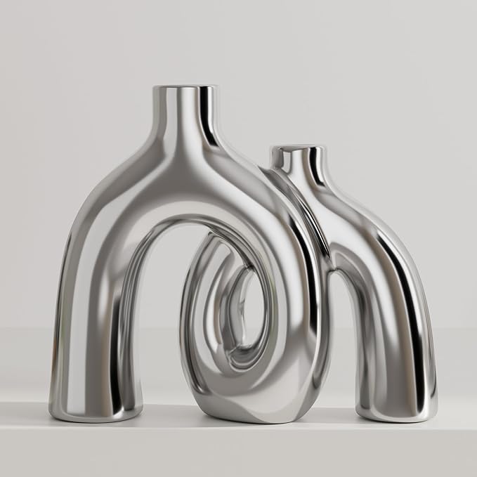 Hug Donut Decorative Vase Set - Silver Vase, Modern Nordic Boho Style Vases Home Decor, Matte Ceramic Decorations for Living Room Shelf, Bookshelf Mantle Entryway Table or Console Décor (Silver)