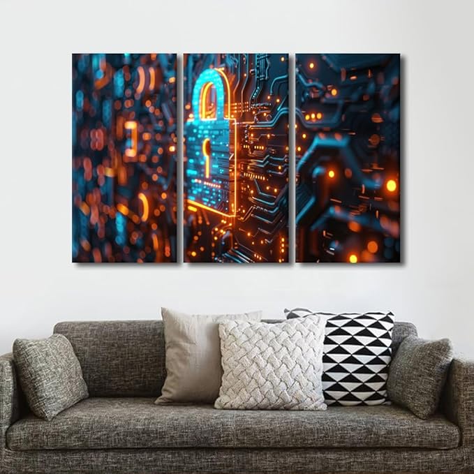 3 Panels Wall Art Canvas Print Security Lock Symbol Paintings AI Intelligence Pictures Prints on Canvas Contemporary Wall Decor Modern Artwork Giclee Gallery-Wrapped Framed Ready to Hang, 60"Wx40"
