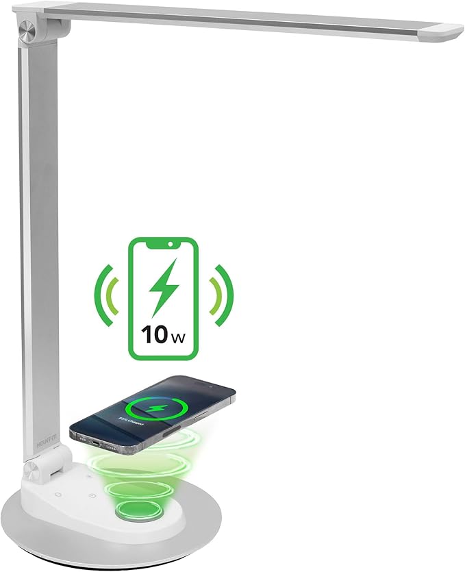 Mount-It! LED Desk Lamp with Wireless Charger and USB-C Charging Port, Dimmable Desk Lamp with 25 Brightness and Color Modes, for Home or Office, Adjustable Arm, Silver/White