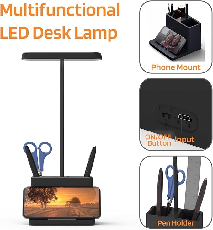 AXX Black LED Desk Lamp for Home Office Bedroom, Battery Operated Table Light for Computer Desktop, Small, Cute, Dimmable, Rechargeable, Flexible Gooseneck, Pen Holder, Phone Mount, Touch Control