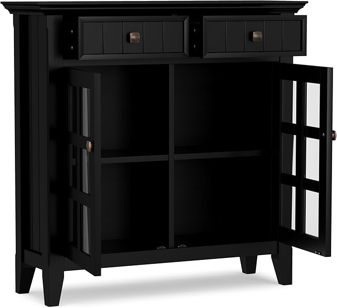 SIMPLIHOME Acadian Solid Wood 36 inch Wide Small Storage Bench and 36 inch Wide Storage Cabinet in Black for the Living Room, Entryway, and Family Room, Transitional Style