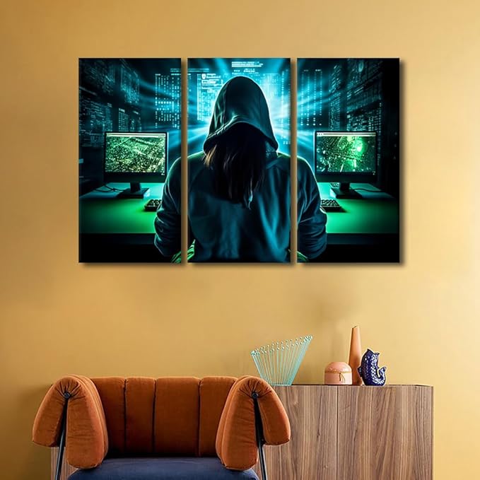 3 Pieces Canvas Wall Art Hacker Malware Picture Hacker Paintings for Wall Decorations AI Big Data Modern Artwork Stretched Canvas Prints Hacker Posters and Prints Framed Ready to Hang, 60"Wx40"H