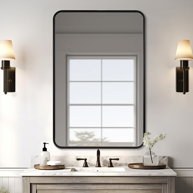 ANDY STAR 48X32 Inch Black Bathroom Mirror, Black Bathroom Vanity Mirrors for Wall, Rounded Rectangle Mirror for Bathroom, Seamless Tube Metal Frame, 1’’ Deep Wall Mounted Vertical/Horizontal