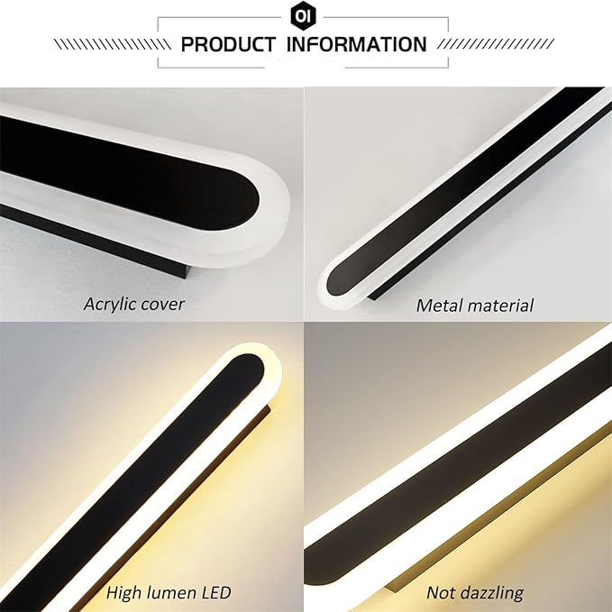 Modern LED Wall Sconce with Motion Sensor Interior Acrylic Black Wall Lamp Indoor Minimalist Long Wall Light Inside Lighting Fixtures for Living Room Bathroom Front Door Bedroom (60CM,Warm Light)