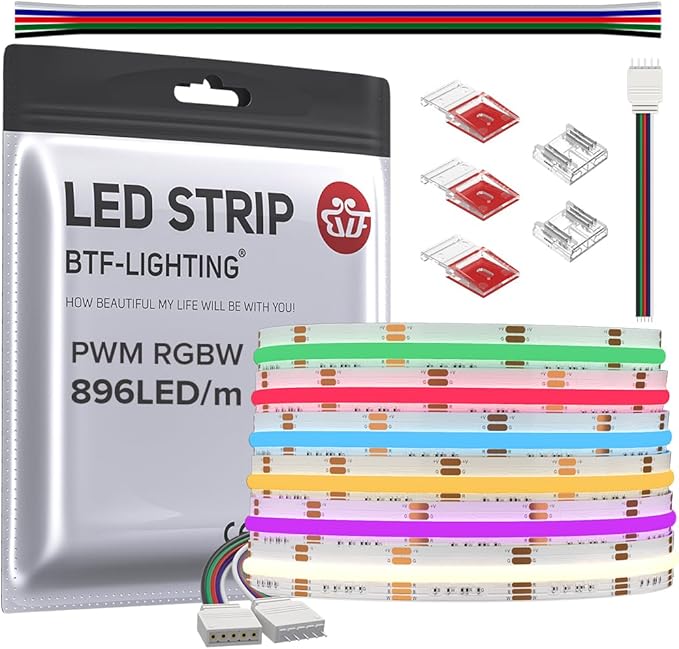 BTF-LIGHTING FCOB COB LED Strip RGBW 4000K 896LED/m 16.4FT DC24V Color Changing Flexible High Density Uniform Light 12mm Width for Home Indoor Decoration(No Adapter or Controller)