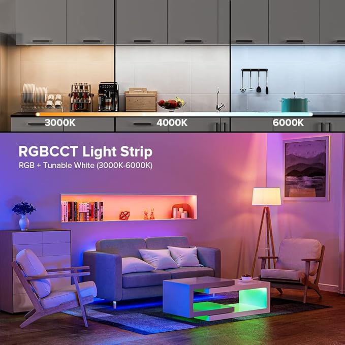 BTF-LIGHTING FCOB COB RGBCCT Color Changing LED Strip with Remote,UL Listed Flexible High Density DC24V 16.4FT RGB+Tunable White 3000K-6000K RF Remote Controller 12mm Width 3M Tape for Home Decor