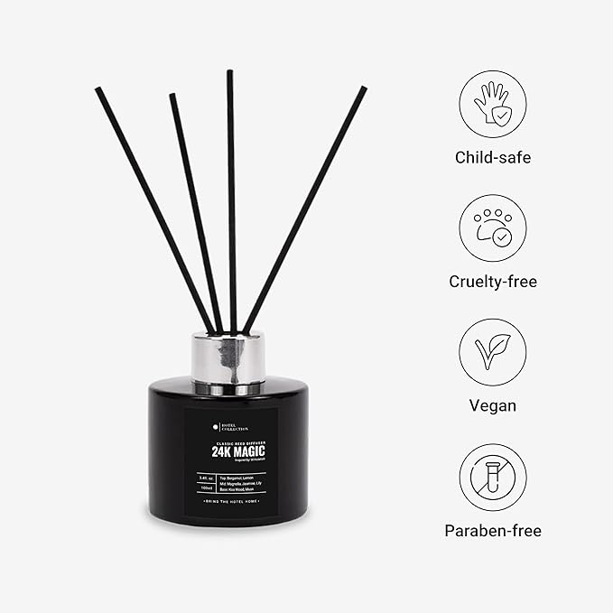 Hotel Collection - 24K Magic - Reed Diffuser Set - Luxury Aromatherapy - Lemon, Bergamot, Black Fig, Cedarwood, Amber, Musk & Blonde Woods - Essential Oil Diffusers - Shelf Decor - 100mL/3.5 FL oz