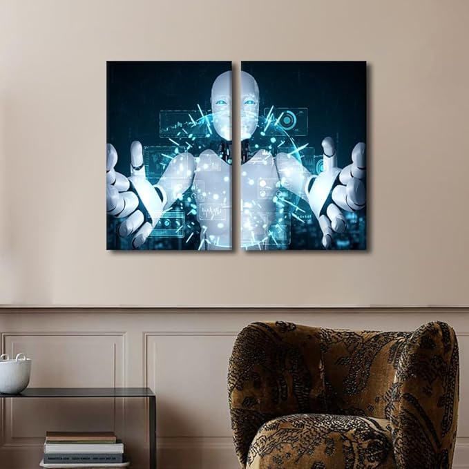 Robot Paintings for Living Room AI Intelligence Wall Art 3 Pieces Date Canvas Contemporary Artwork Home Decorations Giclee Framed Gallery-Wrapped Stretched Ready to Hang, 24" Wx16 H