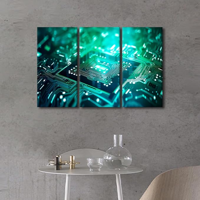 Circuit Board Wall Art Canvas Painting Semiconductor Chip Wall Art Artwork for Home Walls Chip Wall Art 3 Pieces Framed Wall Art Home Office Room Wall Decor Framed Ready to Hang, 42" Wx28 H