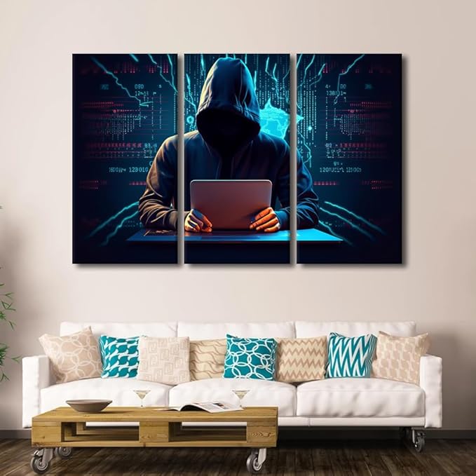 TUMOVO 3 Pieces Canvas Wall Art Canvas Print Hacker Malware Modern Home Decor Big Data Painting Hacker Artwork Stretched and Framed Ready to Hang Posters and Prints, 60" Wx40 H