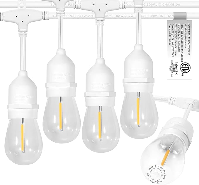 𝟰𝟴𝑭𝑻 LED Outdoor String Lights with 𝟮𝟰 Weatherproof Shatterproof Edison Style 𝑳𝑬𝑫 𝑩𝒖𝒍𝒃𝒔(2 𝑺𝒑𝒂𝒓𝒆)，Commercial Grade Waterproof Hanging Lights for Backyard Porch Balcony Party