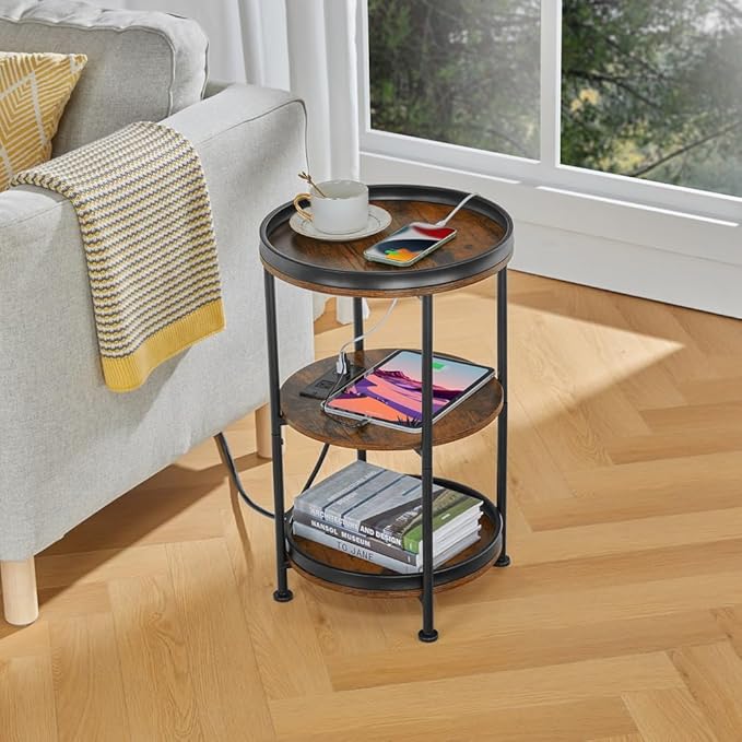 Dulcii Round Side Table with Charging Station, End Table with 3 Shelves for Living Room, Bedroom Nightstand for Small Spaces, Industrial Round Sofa Table with Steel Frame (USB+Rustic Brown)