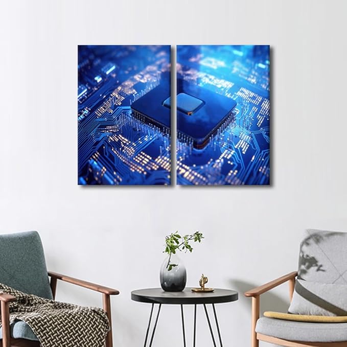 3 Pieces Circuit Board Decor Pictures Paintings Semiconductor Chip Canvas Wall Art Artwok Home Decor for Living Room Minimalism Giclee Stretched Framed Art Ready to Hang, 24" Wx16 H