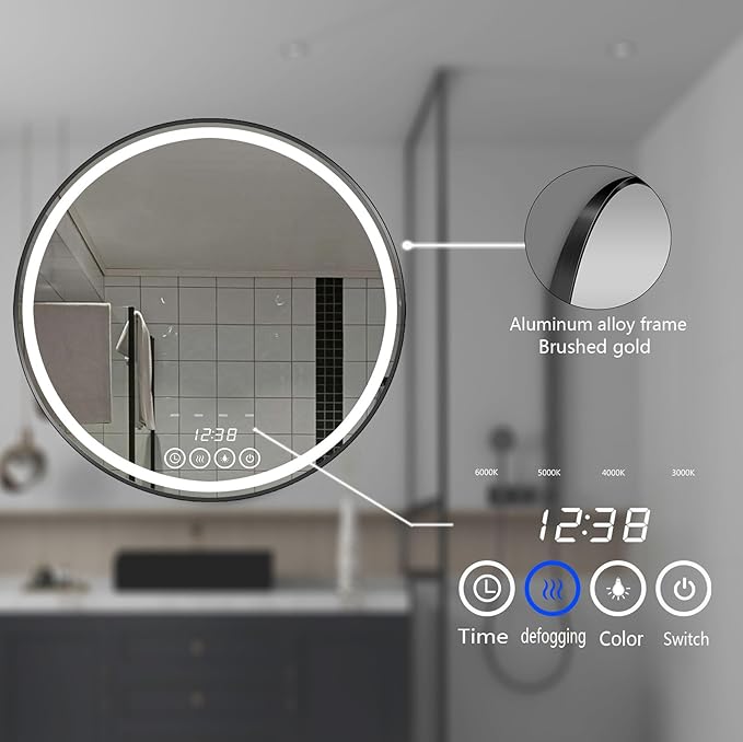 Wall-Mounted Round Bathroom Mirror with LED-Lights - Frame Vanity Mirrors (32" x 32", Black)