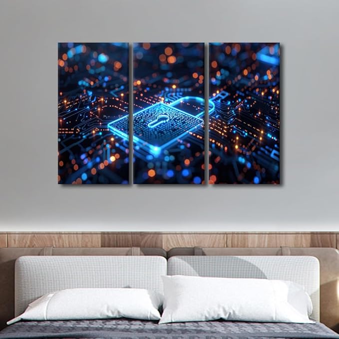 AI Intelligence Picture 3 Pieces Wall Decorations for Living Room AI Canvas Prints Security Lock Symbol Painting Wall Art Contemporary Wall Decor for Home Office Framed Ready to Hang, 42"Wx28"H