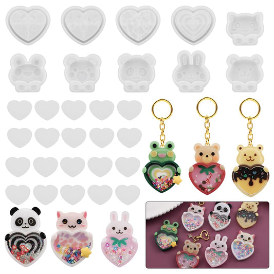 Voyyphixa 10 Pcs Heart Resin Shaker Molds with Animal Epoxy Resin Molds Set Silicone Quicksand Moulds with 20 Pcs Seal Film Silicone Casting Molds for Resin Jewelry Pendant, DIY Art Craft