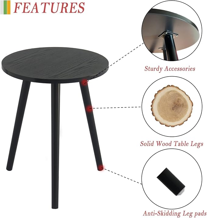 AWASEN Round End Table, Black Side Table Modern Home Decor Small Accent Table for Small Space Living Room, Bedroom and Balcony, Easy Assembly, 19.5''H x 16''D (Black)