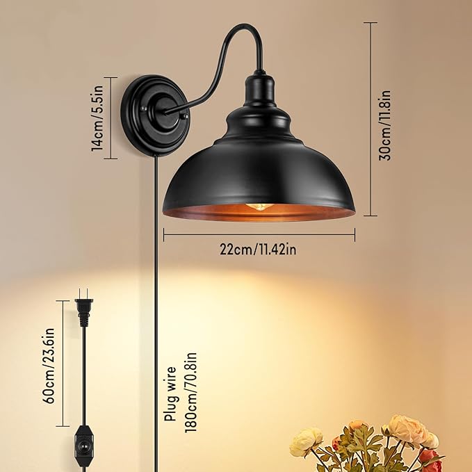 Lightess Dimmable Wall Sconce Plug in, Industrial Farmhouse Sconce with Dimmer On Off Switch, Black Barn Light Gooseneck Light Fixture, OLB11