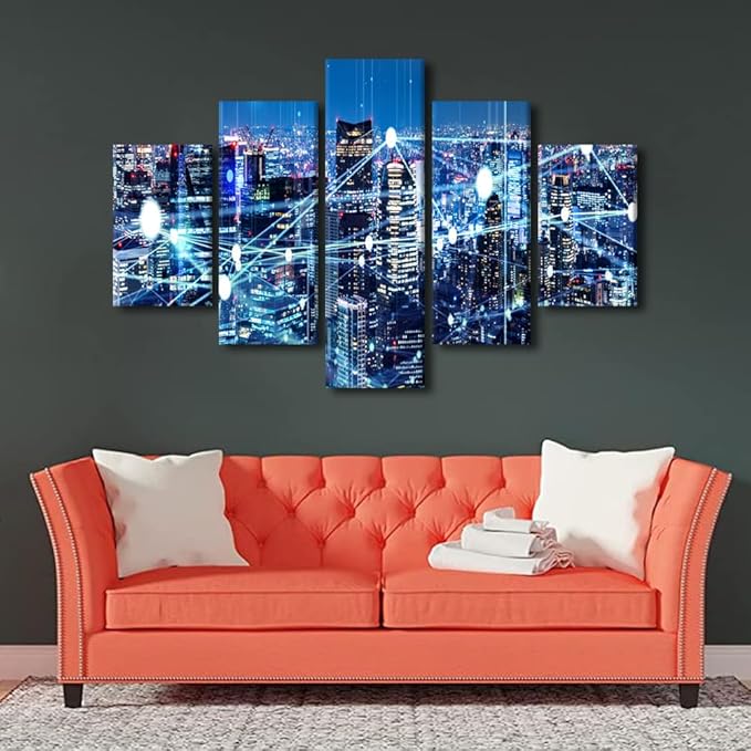 City Night Landscape Picture Modern Canvas Art Internet Companies Wall Decorate Big Data Worker Office Decorate Native Americans Home Decoration 5 Panel Poster Stretched Ready to Hang 60x40 Inch