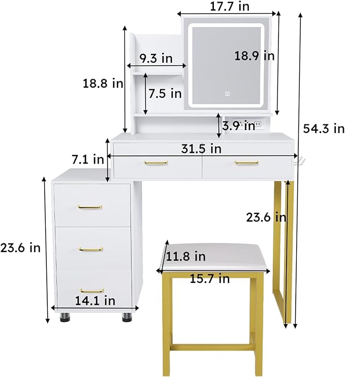 Makeup Vanity Desk with Mirror and Lights, Makeup Vanity Set with 5 Drawers, Upholstered Vanity Stool, Dressing Table for Bedroom, White and Yellow