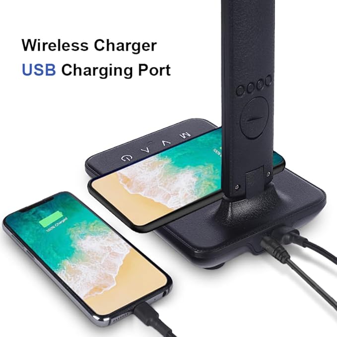 Multifunctional LED Desk Lamp with Wireless Charger,USB Charging Port,Clock,Phone Holder,Desk Lamps for Home Office,Eye-Caring Reading Lamp,Study Lamp for Boys,Girls,Teens,Black