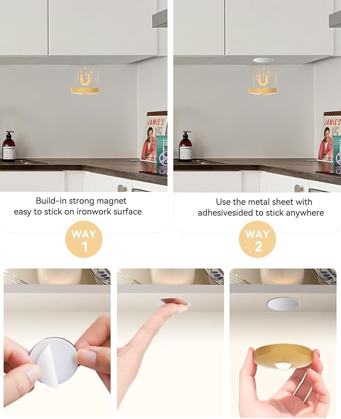 Rechargeable Puck Lights With Remote Control, 1500mAh Battery Operated Tap Lights, Dimmer & Timer Under Cabinet Light, Wireless LED Stick-On for Closet, Bedroom, Kitchen - Gold 12Pcs