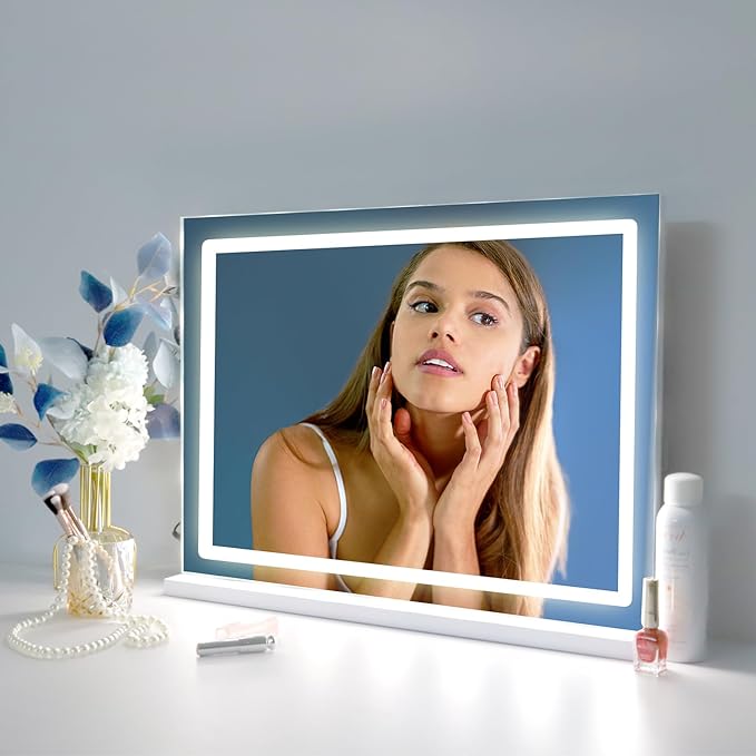Makeup Vanity Mirror with Lights, 31.5"x 23.6" Large LED Lighted Mirror with 10X Magnification and USB Charging Port, Smart Touch 3 Colors Dimmable, Touch Control for Bedroom, White
