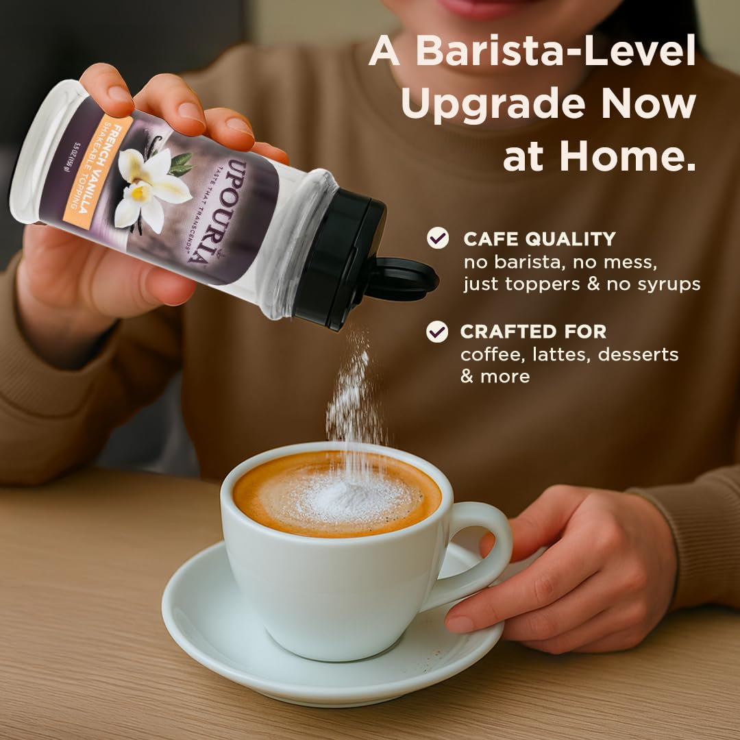 Upouria Vanilla Flavored Shakable Topping for Coffee, Lattes, Desserts, Gourmet Vanilla Taste, 5.5oz