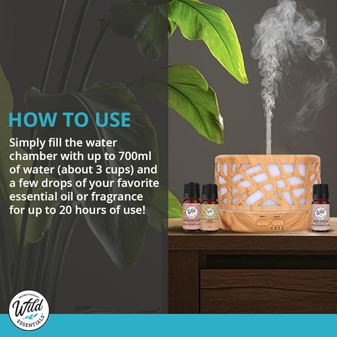 Wild Essentials 700ml Designer Large Room Essential Oil Diffuser, 5 in 1 Ultrasonic Aromatherapy Vaporizer Cool Mist Humidifier, Home, Office, Bedroom, Timer, Auto-Off, 7 Color LED (Wood and White)