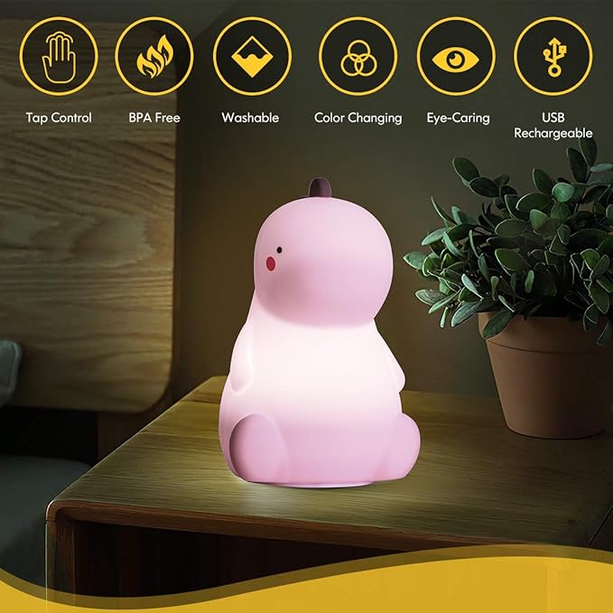VSATEN Dinosaur Night Light for Kids, Color Changing Silicone Baby Night Light with Touch Sensor for Kids' Bedroom, USB Rechargeable LED Bedside Nursery Lamp, Cute Dinosaur Lamp Gifts