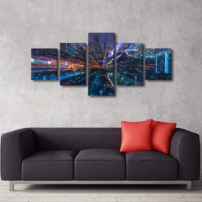 Canvas Wall Art Smart City Home Decoration 5 Panel Big Data Connection Technology Poster Communication Company Wall Decor Office Canvas Art Decorate Frame and Stretched Ready to Hang 50x24 Inch