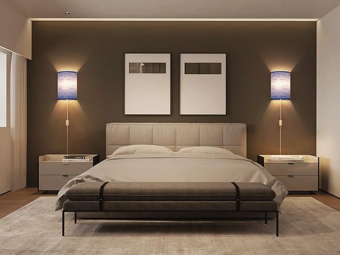 Plug in Wall Sconces Set of Two: Wall Lights with On/Off Switch - Stepless Color Temperature Wall Mount Lamps - Fabric Linen Wall Sconce for Bedroom Living Room & Hallway- Indoor Corded Wall Sconces