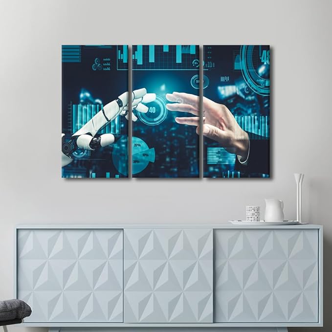 TUMOVO Robot Pictures for Living Room AI Intelligence Paintings 3 Pieces Canvas Wall Art AI Pictures Modern Home Office Decor Framed Ready to Hang Posters and Prints, 42" Wx28 H