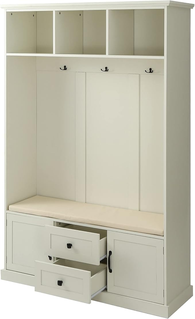 RUNNA Wooden 3-in-1 Hall Tree with 2 Cabinet and 2 Drawers,3 Open Shelves and 3 Hooks,Coat Hanger and Storage Bench,for Livingroom Hallway Entryway Use (Beige@Hanger)
